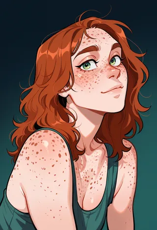 Digital portrait of a red-haired girl with green eyes and freckles on her face and shoulders, wearing a sleeveless dark green top.