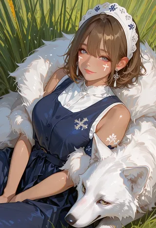 A mature woman with short brown hair and face paint lounges peacefully in tall grass with a large white wolf resting beside her under sunlight.