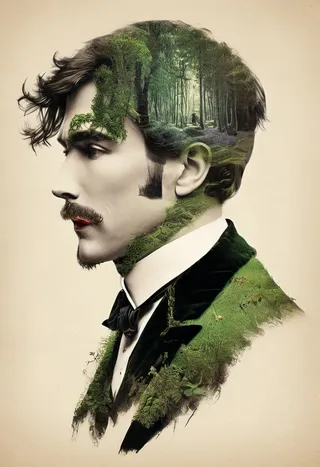 A vintage-style double exposure portrait of a man in formal attire blending with a forest landscape.
