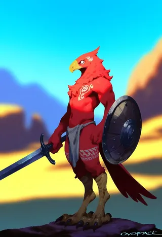 Red feathered bird warrior holding a sword and shield, standing on a rock with tattoos on chest and leg, set against a blurry multicolored outdoor background.