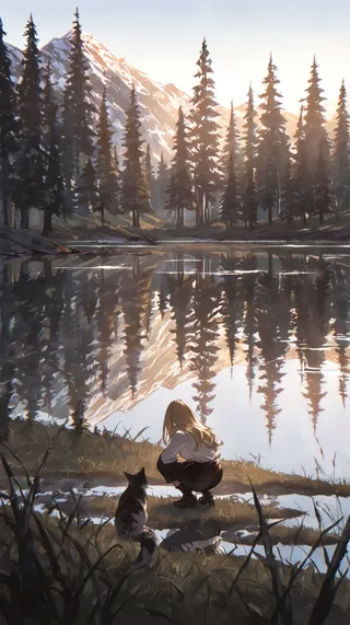 A girl squatting by a mountain lake with a cat beside her, tall pine trees and snowy mountains reflected in the calm water under a clear sky.