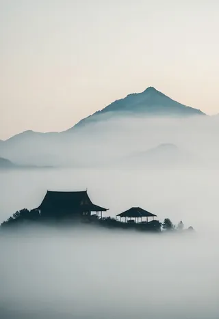Silhouetted house and pavilion on a hill surrounded by thick fog with a mountain in the background