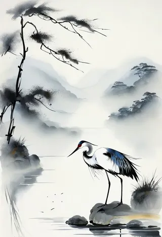 Ink art style painting showing a heron standing on rocks in a river with misty mountains and trees in the background.