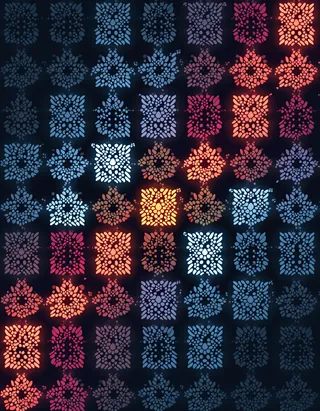 Digital illustration of the cellular automaton Game of Life with square cells in varying colors showing interaction, birth, death, and formation of complex structures.