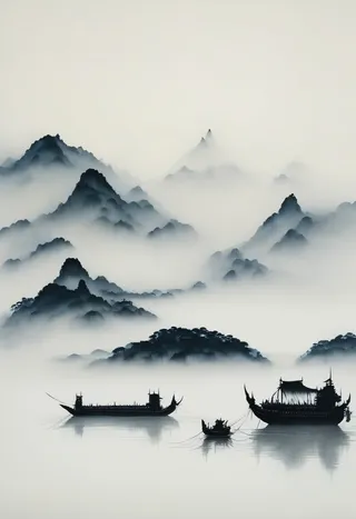 Misty mountains with pagodas rising above, a calm river below with traditional boats drifting, surrounded by trees and fog-shrouded city in the background.