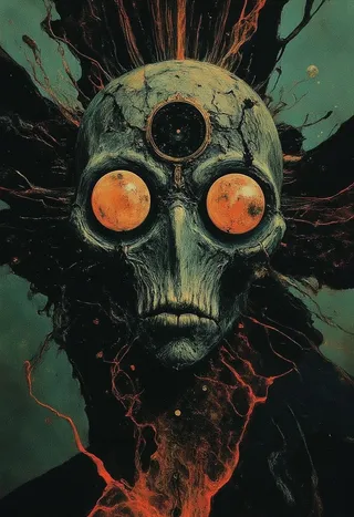 A surreal gothic horror fantasy illustration featuring a cracked skull with large orange eyes and a circular symbol on its forehead, set against a dark, twisted background with fiery red veins.