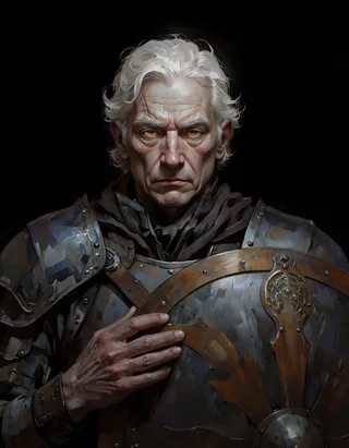 A dramatic close-up portrait of an elderly man with white hair, glowing yellow eyes, and wrinkles, wearing detailed dark armor and holding a shield with an emblem.