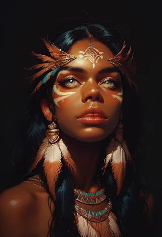 Portrait of a black-skinned woman with long dark hair adorned with peacock feathers, yellow tribal face paint, feather earrings, and ethnic jewelry against dark background