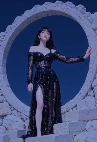 A young Korean woman in a black mesh off-shoulder dress with a leg slit, posing inside a large circular stone structure under dramatic lighting against a deep blue sky.