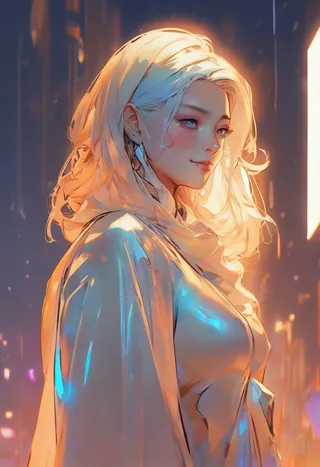 A vibrant digital portrait of a young woman with soft gaze and glowing cinematic light reflecting off her flowing garment.