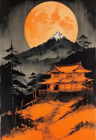 Ethereal haunted house glowing orange at forest’s edge under a large full moon with jagged mountains in background, ink-style artwork on textured paper.