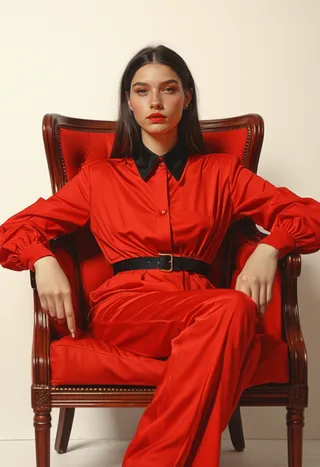 A young woman with a detailed face and straight dark hair sits elegantly wearing a vibrant red jumpsuit with black collar details on a crimson chair.