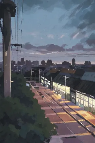 Top-down view of an urban fantasy city street at dusk with tram tracks running through a college campus area, featuring detailed architectural buildings and a scenic sky horizon.