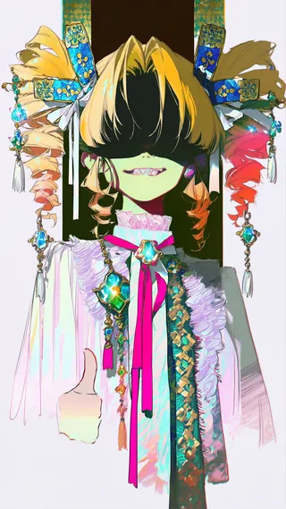 Anime character with blonde braided hair, adorned with gemstone pins and ribbons, showing a thumbs up gesture with detailed ornamental clothing.
