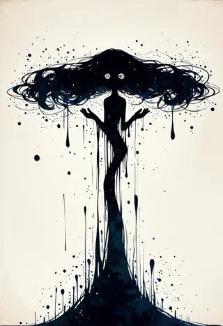 Ink-style silhouette figure with flowing, dripping hair and intense hypnotic eyes, surrounded by splattered ink drops on light background.