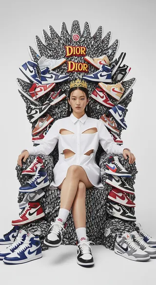 Model in a deconstructed white shirt dress seated on an elaborate throne made from rare collectible Air Jordan sneakers, wearing a crown and Fragment Design accessories in a clean white studio.