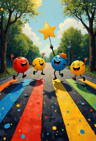 Plump colorful emoji characters joyfully jumping on rainbow-striped crossroads under bright sun, one holding a shimmering gold star, framed by trees and confetti.