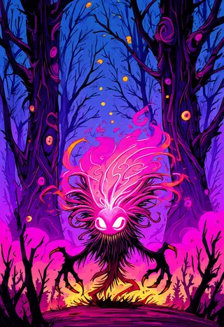 A fantasy tree creature with clawed roots and glowing white eyes, surrounded by pastel bark trees with whimsical skulls, set in a magical, eerie forest with vivid purple and pink hues.