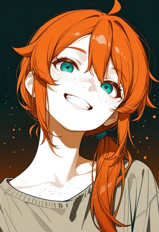 Portrait of a smiling girl with orange hair in a side ponytail, aqua eyes, freckles, and a neutral shirt with a two-tone gradient background.
