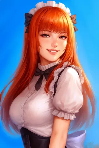 Digital illustration of a young woman with vibrant long orange hair wearing a white puffed-sleeve blouse, black bow tie, and white maid headband against a clear blue sky.