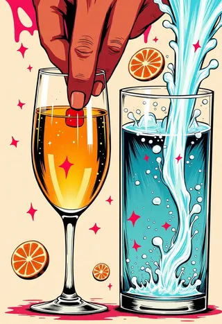 A hand drops a cherry into a champagne glass filled with orange-hued liquid next to a tall glass being filled with sparkling water and floating orange slices.