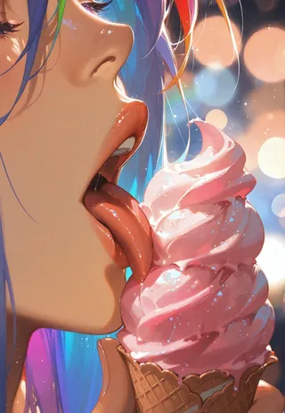 Close up photorealistic view of a girl with rainbow-colored hair licking a pink ice cream cone against a bokeh background with dramatic lighting.