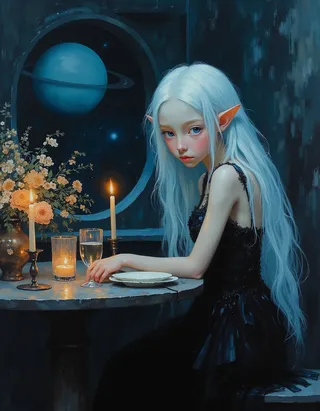 Futuristic elf princess with long white hair wearing a tight black dress sitting at a candle-lit dinner table inside a space station, with a large window showing Saturn's rings.