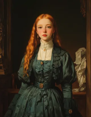Oil painting of a graceful Victorian girl with red hair and blue eyes, wearing a corseted, hooped silk dress, standing poised in a Victorian bedroom under Rembrandt lighting.