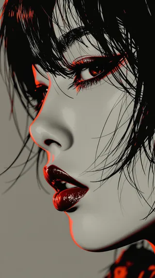 Extreme close-up pop-art portrait of a young Japanese woman with a tousled bob hairstyle and smoky eyes, rendered with bold black and red contrast.