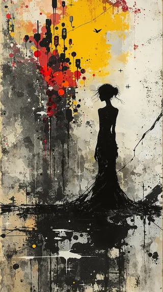 Silhouette of a young woman in a flowing dress against a bold abstract background with splashes of yellow, red, black, and gray in surreal minimalist style.