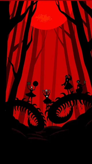 Silhouetted yokai idols perform a feast concert atop giant centipedes in a red moonlit eerie forest surrounded by faceless spirits, paper dolls, and tree demons.