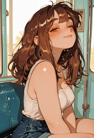 Anime-style illustration of Aiko Tanaka with brown hair sitting on a bench in a train waiting room, looking to the side with a cute, half-closed eye smile.