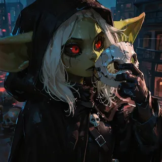Closeup of a goblin girl with green skin, red eyes, and white hair wearing black leather armor and holding a skull mask at night in a medieval city.