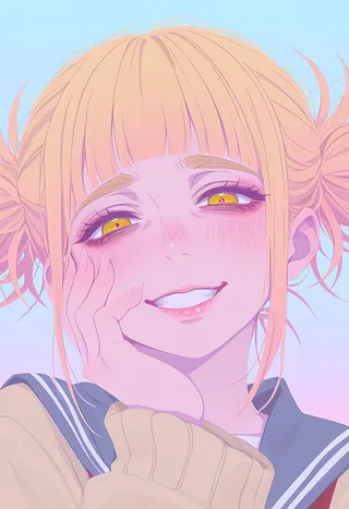 Closeup of Himiko Toga with yellow eyes and a yandere expression; pastel gradient background and no lineart anime style.