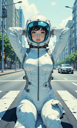 A female cosmonaut wearing a sleek white and silver high-tech space suit with a blue-tinted visor helmet sits on a modern city crosswalk, hands behind her head, looking calmly into the camera.