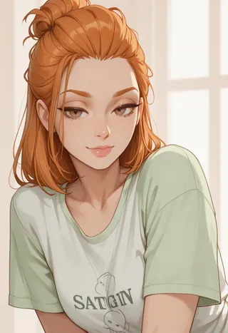 Digital portrait of a seductive beauty named Siobhan with ginger hair, brown eyes, wearing a green and white t-shirt.
