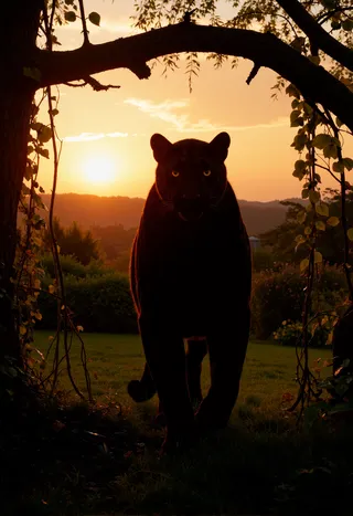 Silhouette of a black panther walking through a garden framed by vines at sunset, with glowing yellow eyes and warm cinematic lighting.