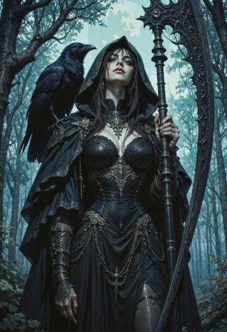A gothic woman in a black medieval-style dress holding an ornate scythe stands in a dark, moonlit forest with a black raven perched on her shoulder.