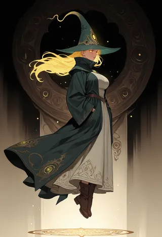 A majestic mage with glowing eyes and long yellow hair floats in front of an ornate circular portal, wearing a detailed robe and pointed mage hat.