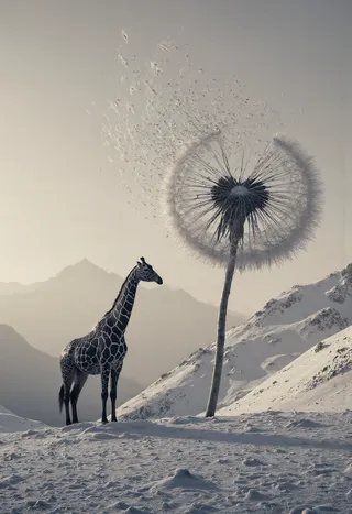 A monochromatic snowy landscape featuring a gigantic dandelion with seeds flying in the wind and a black and white giraffe standing on a snow-covered hillside.