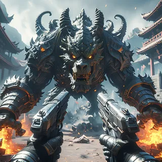 View from behind a knight holding dual pistols confronting a large burning foo dog boss in a graveyard with ancient Asian-style buildings.