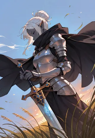 Drow elf warrior with grey skin and white hair wears ornate metallic plate armor and a dark cape, holding a large detailed sword in a tall grass field during sunset.