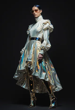 Full body portrait of a young woman in a glossy, futuristic long dress and shiny high-heeled boots standing against a black background.