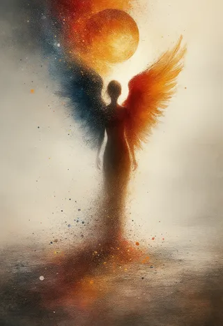 Figura em silhueta com asas de anjo vibrantes em azul vívido e laranja flamejante sob um orbe brilhante, rodeada por uma mistura abstrata e turbulenta de cores e textura impasto.