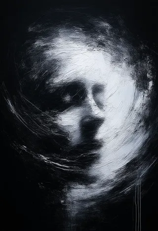An abstract face emerging from a swirling vortex of midnight black with impressionistic brushstrokes and ethereal white lighting.