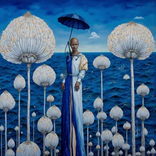 A surreal indigo and pacific blue scene featuring elongated figures and pale bulbous organic shapes with a nacreous parasol over a blue ocean.