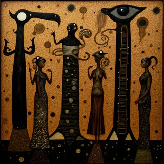 A surrealism steampunk painting with russet and black colors depicting elongated human and abstract figures resembling a snakes and ladders game, featuring striated and smooth textures.