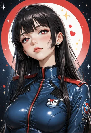 A photorealistic portrait of an Asian girl with long black hair, heart-shaped pupils, and subtle blush, wearing a detailed blue pilot uniform with red accents.