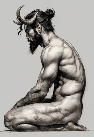 Side view of a muscular bearded faun with large curved horns, depicted in a hyper-detailed black ink sketch with watercolor fill on a neutral grey background.