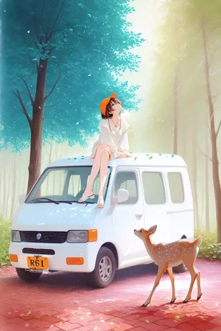 A girl with brown hair and an orange cap sits cross-legged on the roof of a white van in a sunlit spring forest, accompanied by a female deer with white speckles.